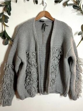 Coco and Carmen size S/M Chunky Gray Fringe Knit Cardigan Sweater